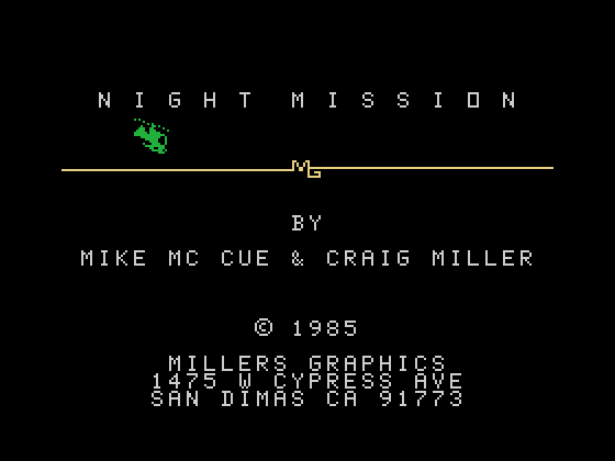 Night Mission TI-99/4A Screenshot: Title screen.
