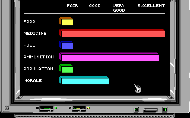 Twilight: 2000 IBM PC/Compatibles Screenshot: The computer shows supply levels.