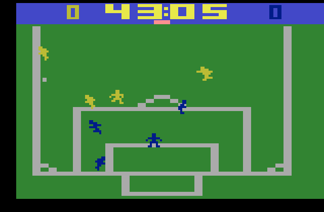 NASL Soccer Atari 2600 Screenshot: Chasing the ball near the blue player's goal.
