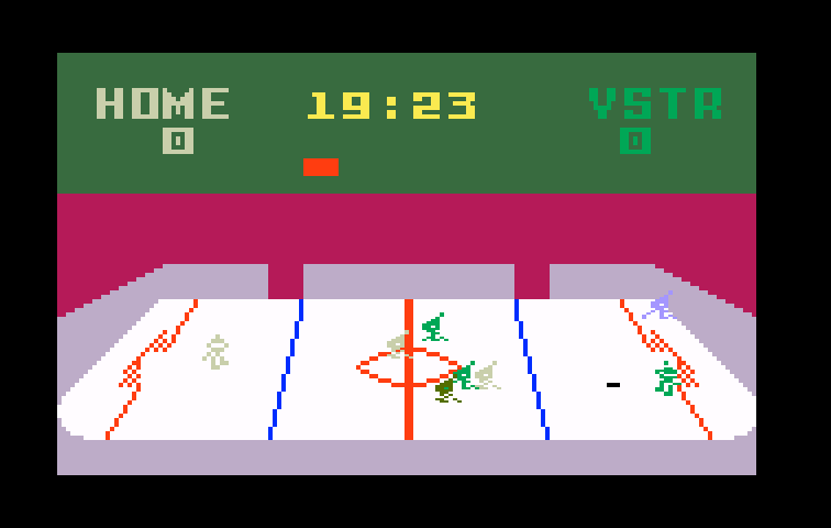 NHL Hockey Intellivision Screenshot: And the green team blocks a shot...