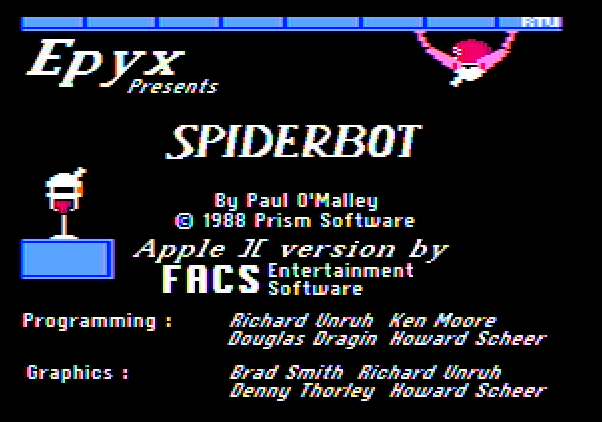 Spiderbot Apple II Screenshot: Title and credits screen.