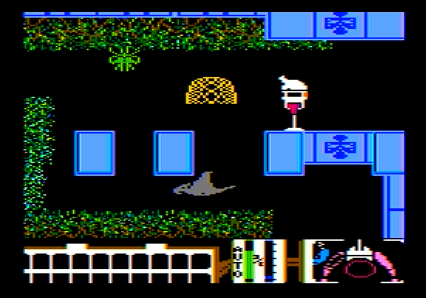 Spiderbot Apple II Screenshot: Attempting to capture a creature, let's see if my timing is right...