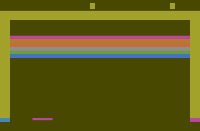 Breakout Atari 2600 Screenshot: Starting screen; the screen changes colors as a sort of screen saver.