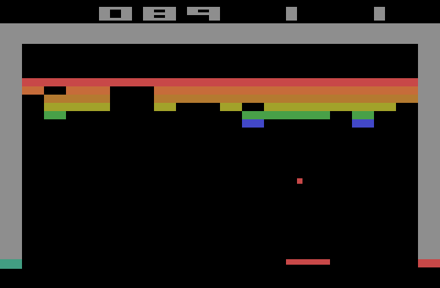 Breakout Atari 2600 Screenshot: The ball speeds up when you hit red and orange bricks.