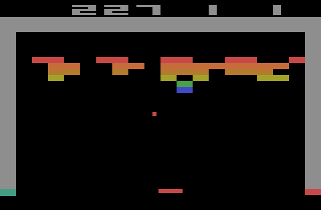 Breakout Atari 2600 Screenshot: The paddle shrinks in size after the ball hits the top of the screen.