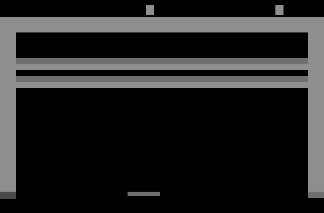 Breakout Atari 2600 Screenshot: Game start; the color cycling doesn't do as much in black and white mode.