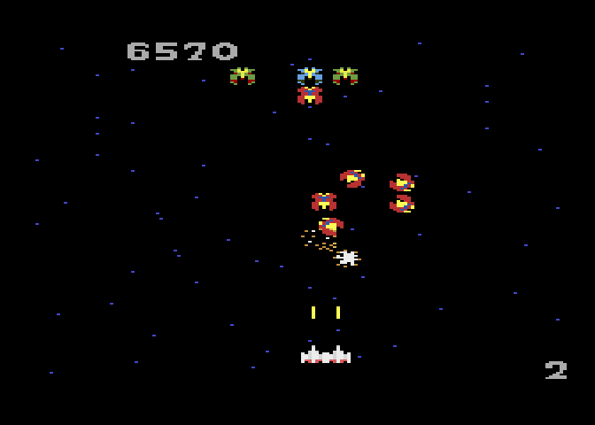 Galaga Atari 7800 Screenshot: You can have two fighters if you rescue a captured fighter...