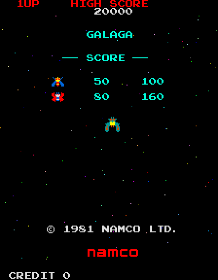 Galaga Arcade Screenshot: Title and game demo (Japanese version).