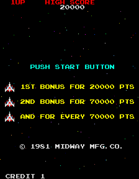 Galaga Arcade Screenshot: Push start button to begin! (U.S. version)