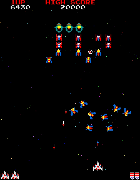 Galaga Arcade Screenshot: Avoid enemy fire!