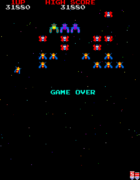 Galaga Arcade Screenshot: Game over.
