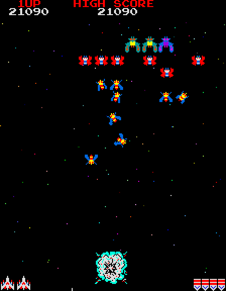 Galaga Arcade Screenshot: Crash! I've been hit!