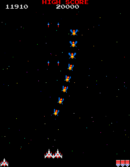 Galaga Arcade Screenshot: Challenging stage.