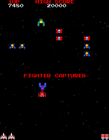 Galaga Arcade Screenshot: My fighter has been captured!