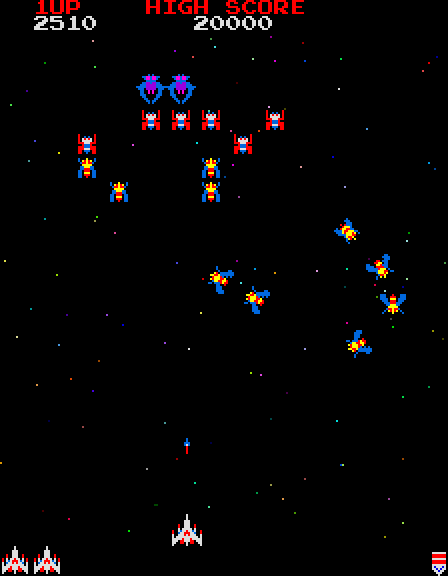 Galaga Arcade Screenshot: More Galaga fighters join the formation...