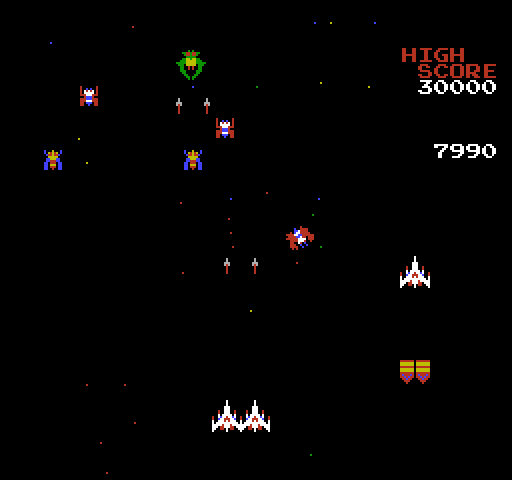 Galaga NES / Famicom Screenshot: A captured fighter is also an opportunity to build up double the firepower...