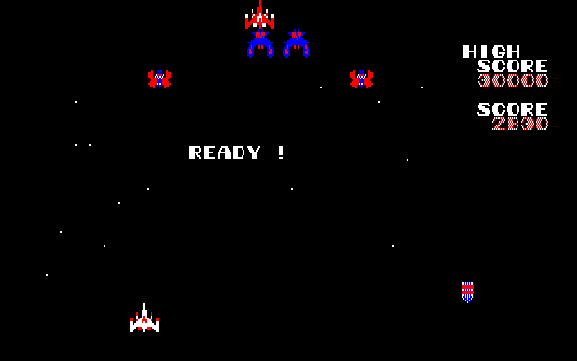 Galaga Fujitsu FM-7 Screenshot: A fighter was captured...
