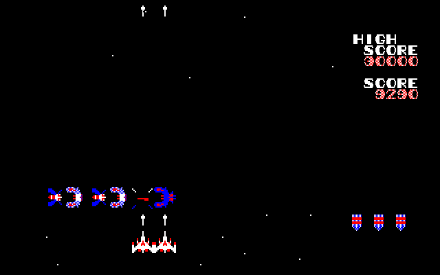 Galaga Fujitsu FM-7 Screenshot: Time for the bonus round.