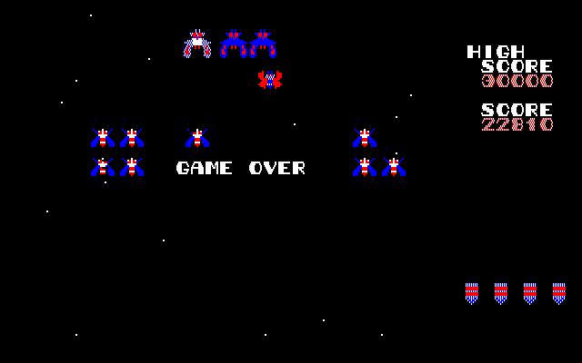 Galaga Fujitsu FM-7 Screenshot: Game over.