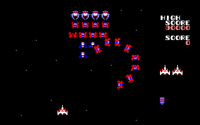 Galaga Fujitsu FM-7 Screenshot: Game start; enemy fighters appear!