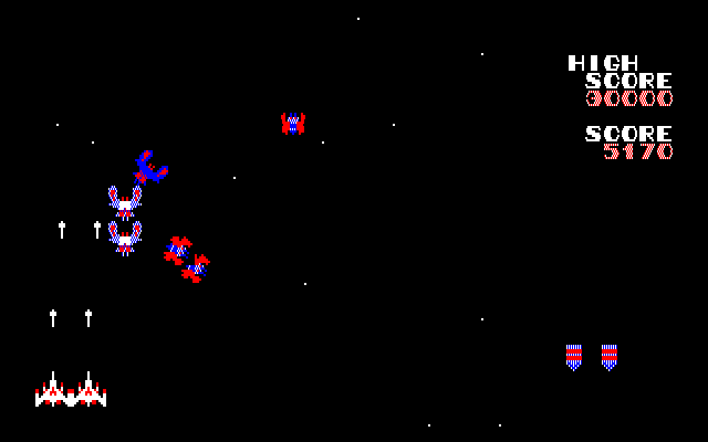 Galaga Fujitsu FM-7 Screenshot: Captured fighter rescued, so I have two ships now.