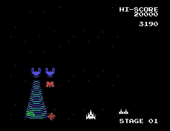 Galaga Sega SG-1000 Screenshot: It's a Galaga attack!