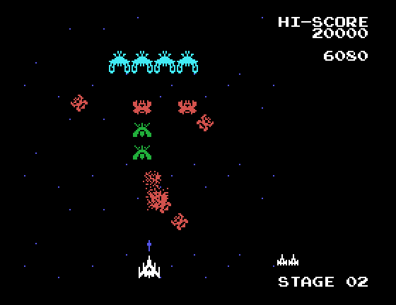 Galaga Sega SG-1000 Screenshot: Blasting opponents on stage 2.