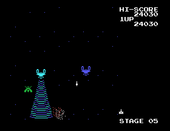 Galaga Sega SG-1000 Screenshot: Both of my fighters have been destroyed now...