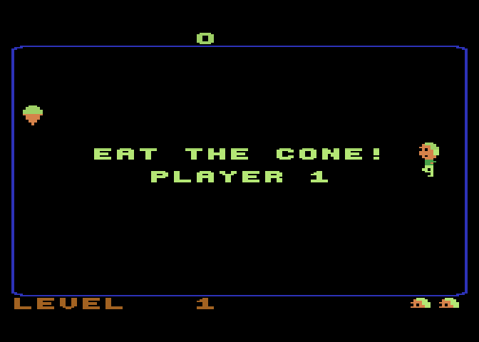 Food Fight Atari 8-bit Screenshot: Player 1, try to eat the cone!