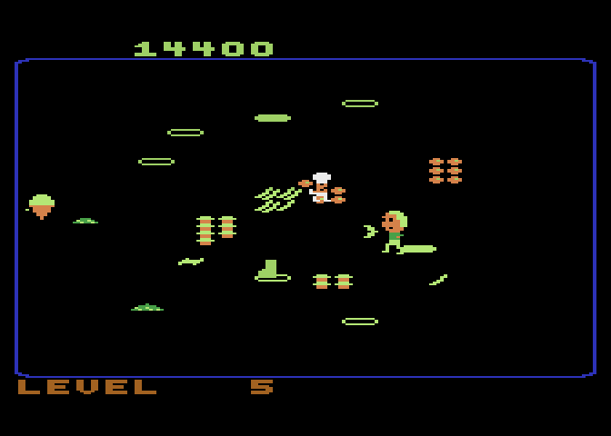 Food Fight Atari 8-bit Screenshot: Each attempt has a random level layout.