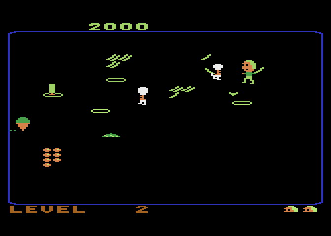 Food Fight Atari 8-bit Screenshot: Pick up food then throw it at your opponents.