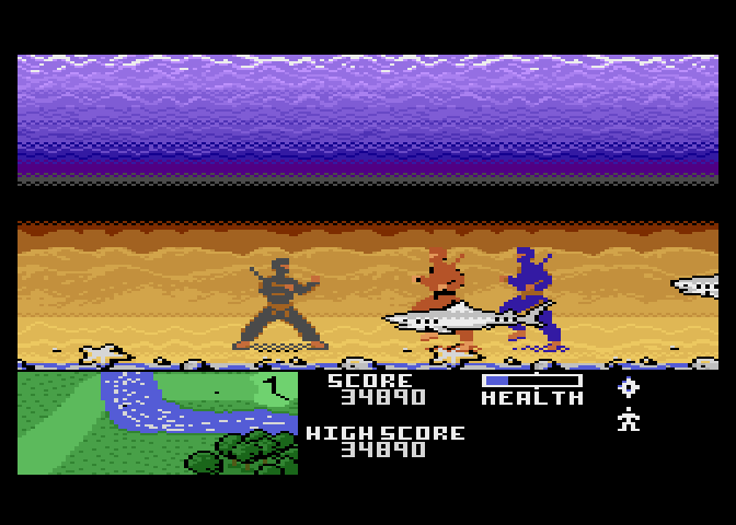 Ninja Golf Atari 7800 Screenshot: Ninjas seem to have no problem fighting underwater...