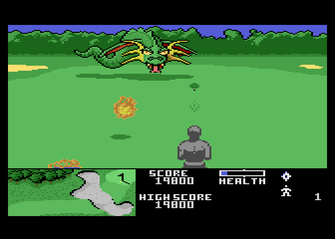 Ninja Golf Atari 7800 Screenshot: Attacking the dragon at the end of the hole...