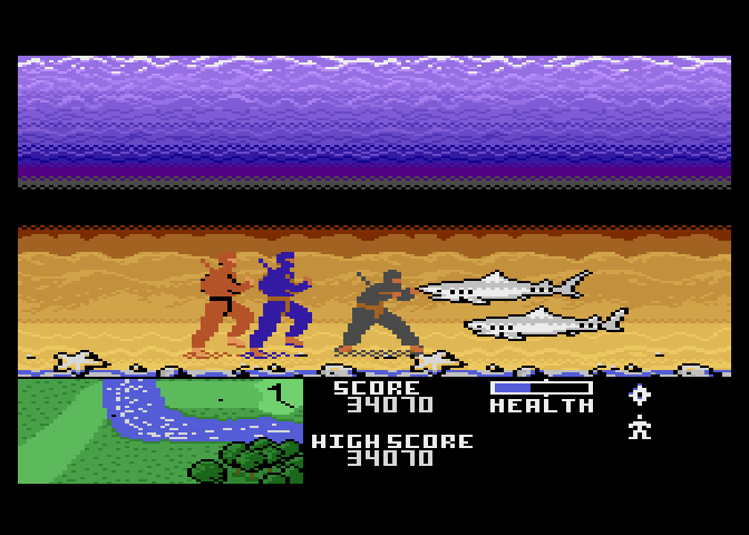 Ninja Golf Atari 7800 Screenshot: Watch out for sharks in the water hazards!