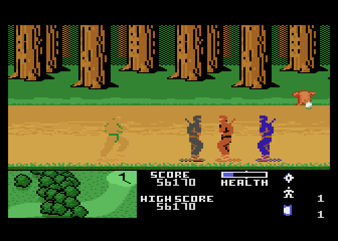 Ninja Golf Atari 7800 Screenshot: Tan ninjas can be tough to see in the woods...