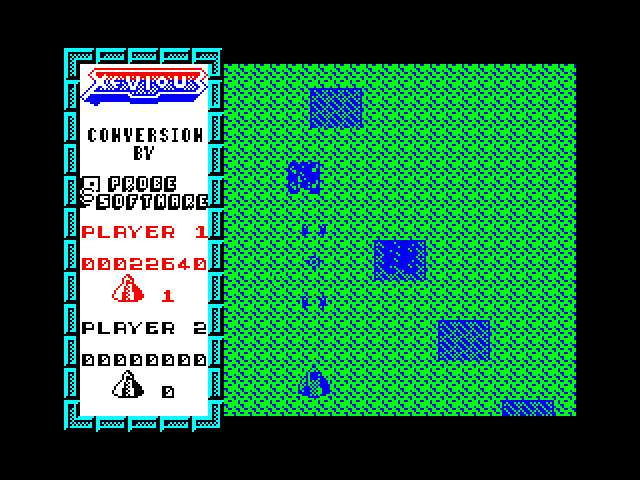 Xevious ZX Spectrum Screenshot: Watch out for the water craft; they fire at you and can only be destroyed with bombs.