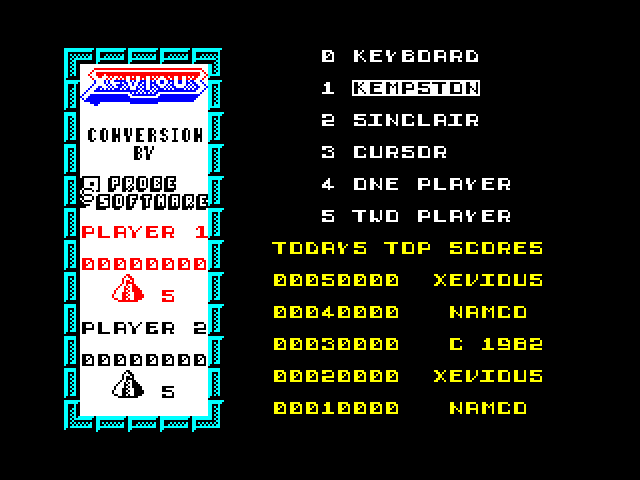 Xevious ZX Spectrum Screenshot: The main menu.