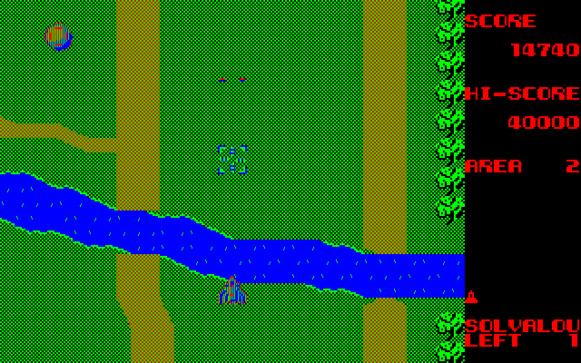 Xevious Fujitsu FM-7 Screenshot: Crossing a river...enemy fire is temporarily slowed down!
