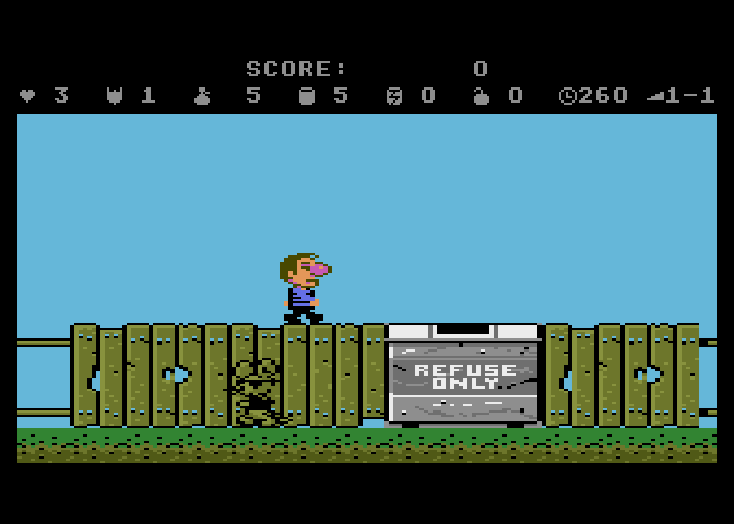 Scrapyard Dog Atari 7800 Screenshot: Jump into the "refuse only" bin for a bonus game...