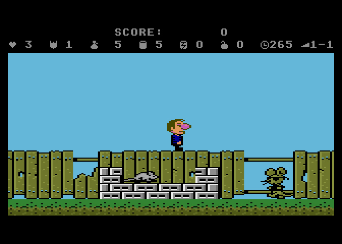 Scrapyard Dog Atari 7800 Screenshot: Watch out for the rats and giant mice!