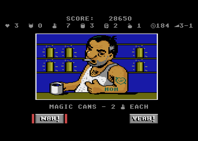 Scrapyard Dog Atari 7800 Screenshot: Buy some magic cans?