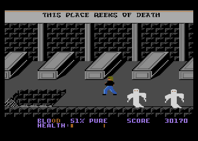 Midnight Mutants Atari 7800 Screenshot: Avoid the ghosts, they drain your health...