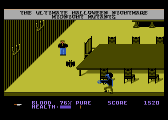 Midnight Mutants Atari 7800 Screenshot: The dining room is infested with bats and zombies!