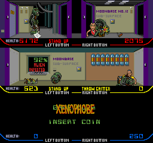 Xenophobe Arcade Screenshot: Knocked down...also, pick up items you find along the way!