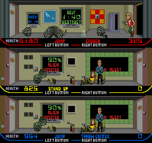 Xenophobe Arcade Screenshot: The screen is split in three for multi-player games.