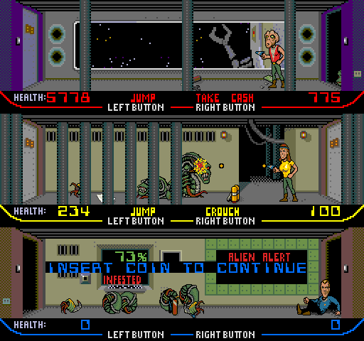 Xenophobe Arcade Screenshot: Each player can be in a different part of the ship at the same time.