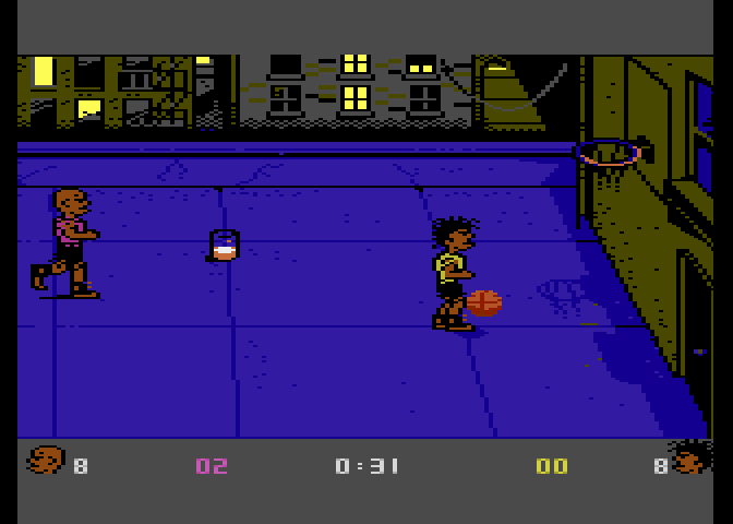 BasketBrawl Atari 7800 Screenshot: Power-ups occasionally appear on the court.