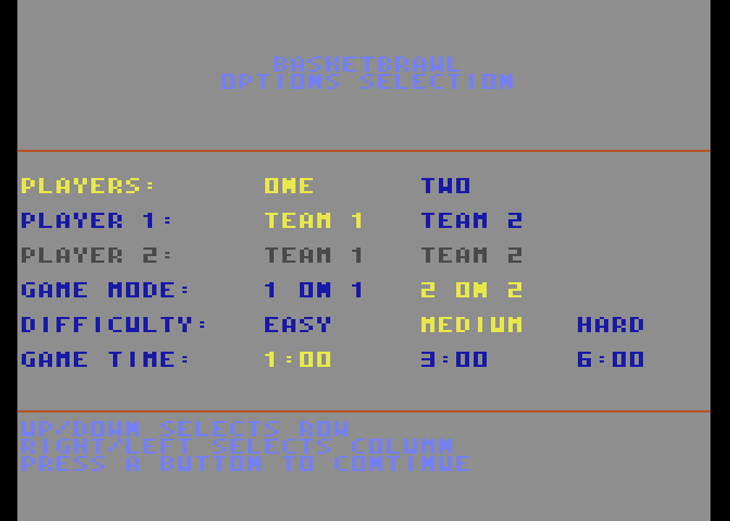 BasketBrawl Atari 7800 Screenshot: Game options.