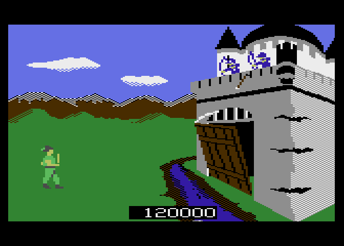 Crossbow Atari 7800 Screenshot: Shoot the drawbridge ropes to lower it...