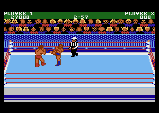 Mania Challenge Atari 7800 Screenshot: Blue player attempts kicking the red player...
